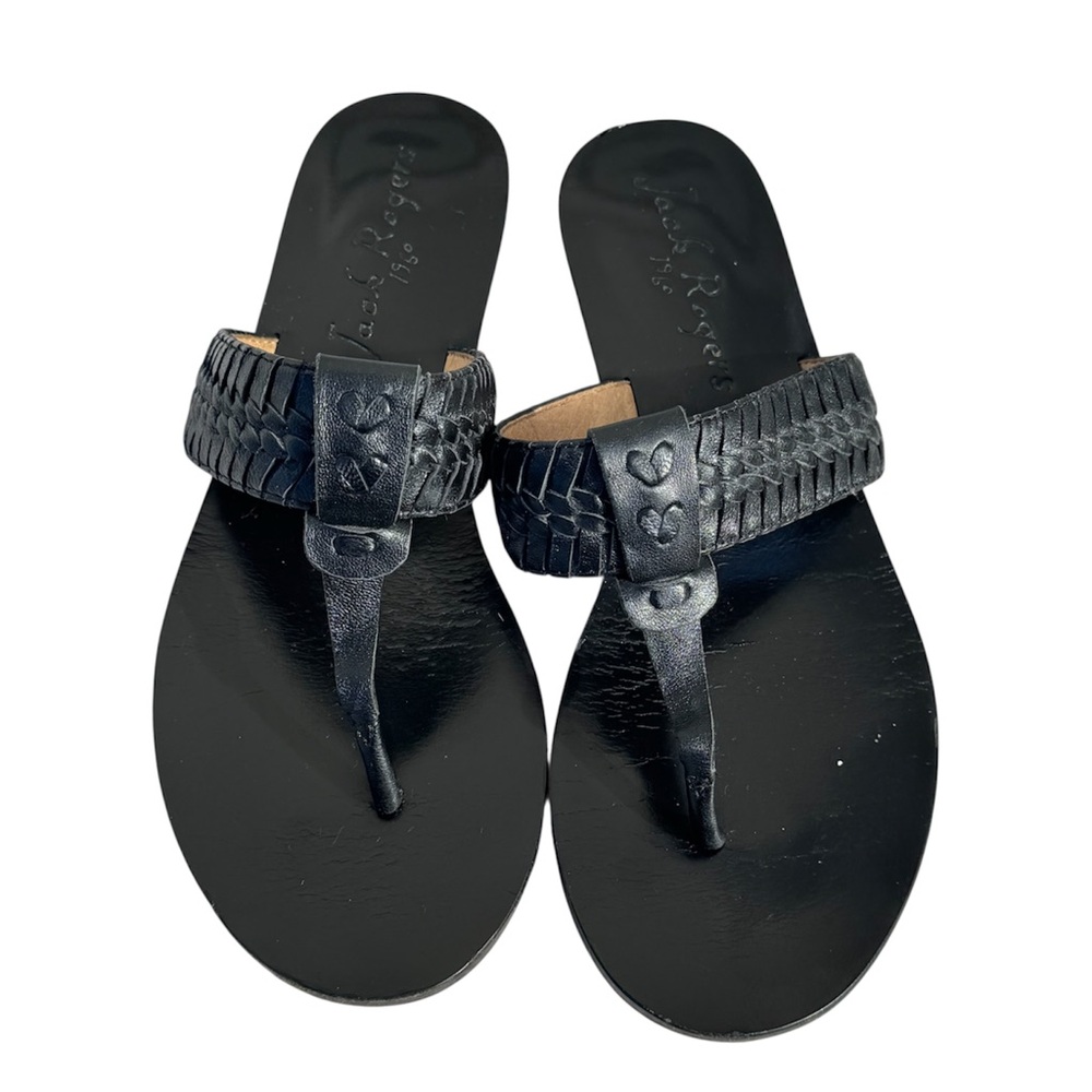 Jack Rogers Black Leather Thong Sandals Woven Strap Size 6.5M